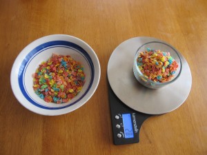 Photograph of Fruity Pebbles in a small and large bowl