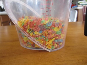 Photograph of Fruity Pebbles in a large measuring cup
